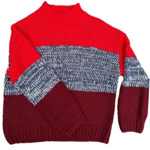 Skies Are Blue Women's Red and Maroon Colorblock Turtleneck Sweater